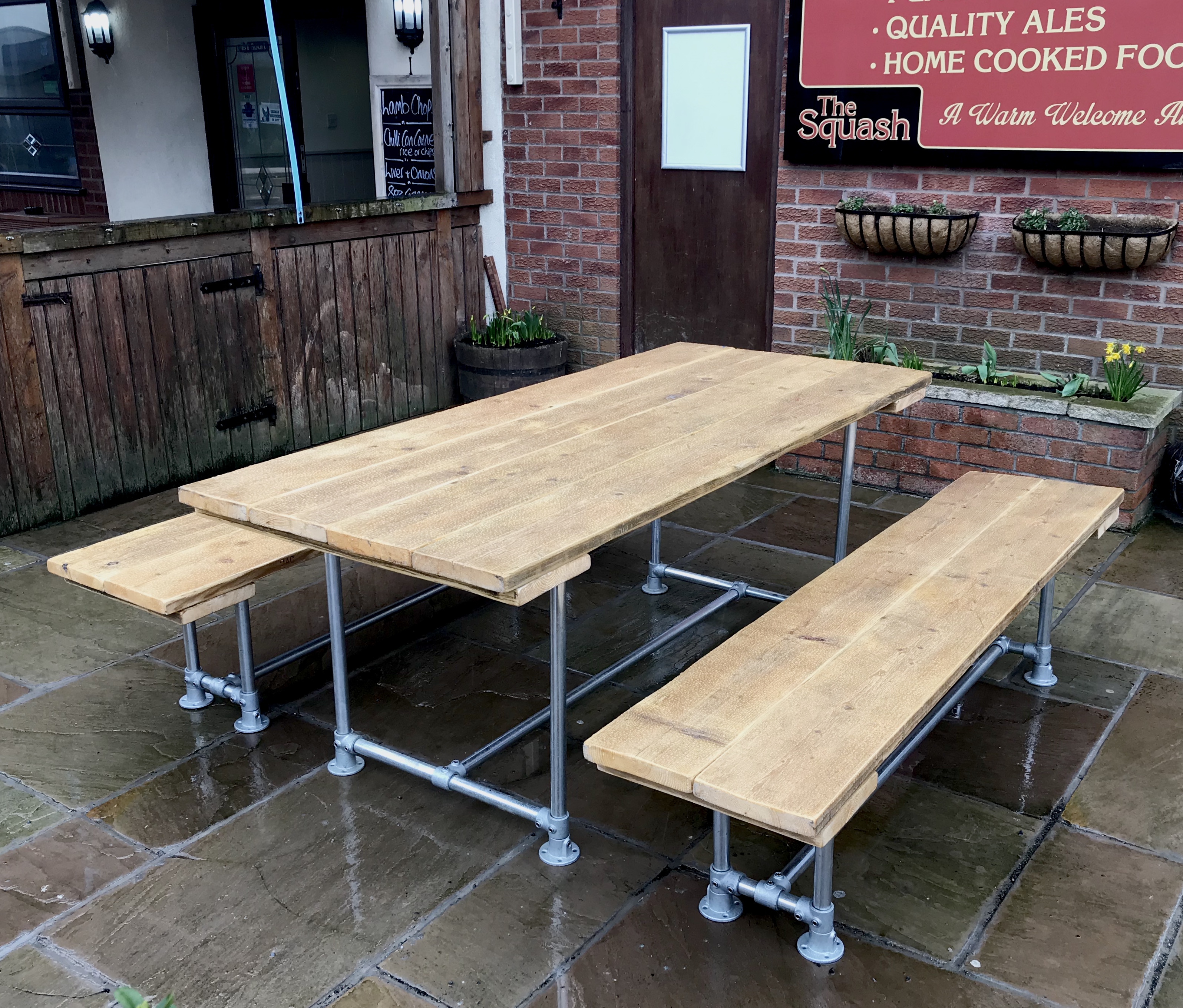 6 - 10 Seat Industrial Outdoor Garden Pub Table & Benches Patio