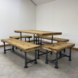 Industrial Reclaimed Scaffold Board Dining Table Steel Legs & 4 Benches Gun Metal Grey