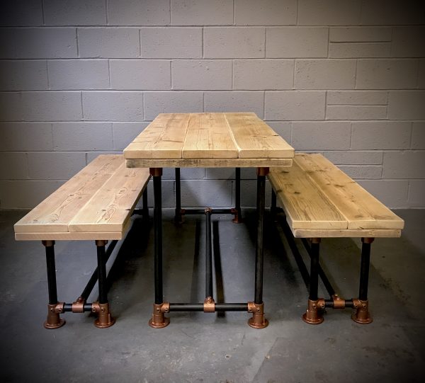 Industrial Reclaimed Scaffold Board Dining Table Steel Legs & 2 Benches Copper
