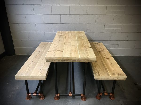 Industrial Reclaimed Scaffold Board Dining Table Steel Legs & 2 Benches Copper