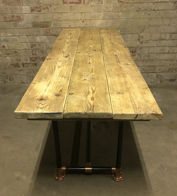 Industrial Reclaimed Scaffold Board Dining Table Steel Legs Copper