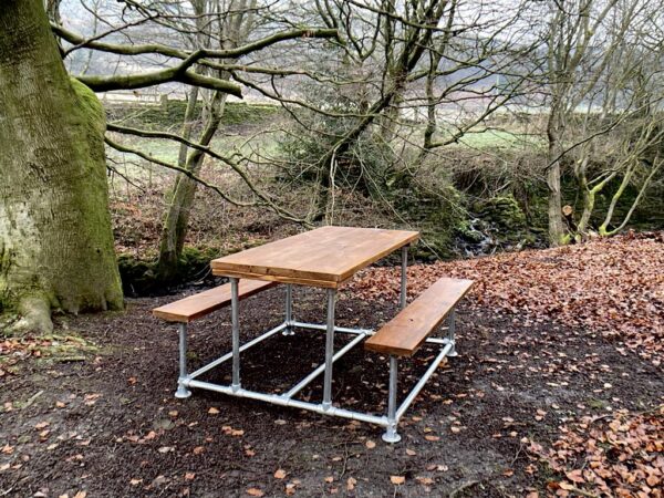 Industrial Reclaimed Scaffold Board Table Picnic Bench Outdoor Patio Furniture Our industrial picnic table and bench set is made using top quality galvanised steel and fittings, this gives maximum protection and a long lasting finish.