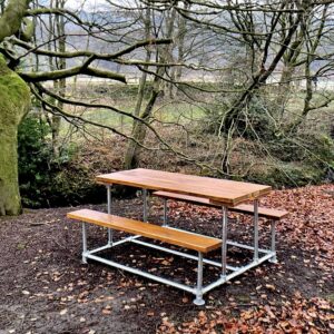 Industrial Reclaimed Scaffold Board Table Picnic Bench Outdoor Patio Furniture Our industrial picnic table and bench set is made using top quality galvanised steel and fittings, this gives maximum protection and a long lasting finish.