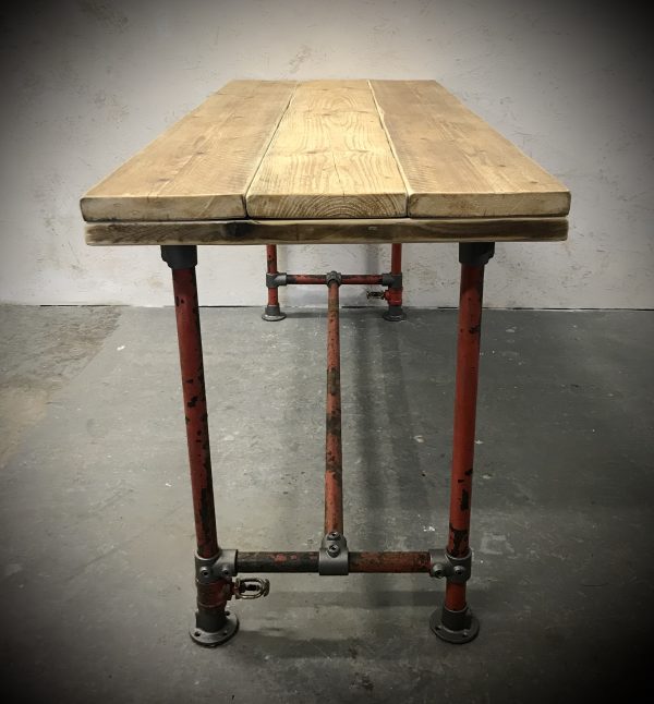Industrial Red Sprinkler Reclaimed Scaffold Board Dining Table Steel Legs
