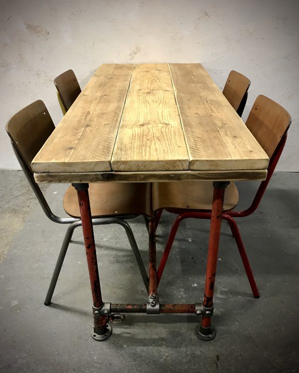 Industrial Red Sprinkler Reclaimed Scaffold Board Dining Table Steel Legs
