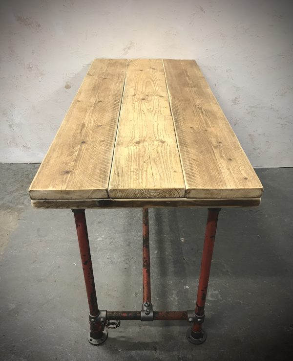 Industrial Red Sprinkler Reclaimed Scaffold Board Dining Table Steel Legs