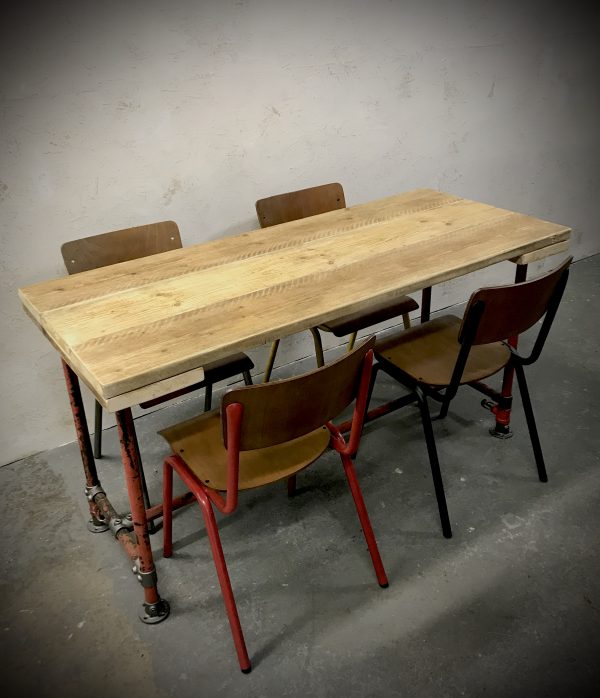 Industrial Red Sprinkler Reclaimed Scaffold Board Dining Table Steel Legs